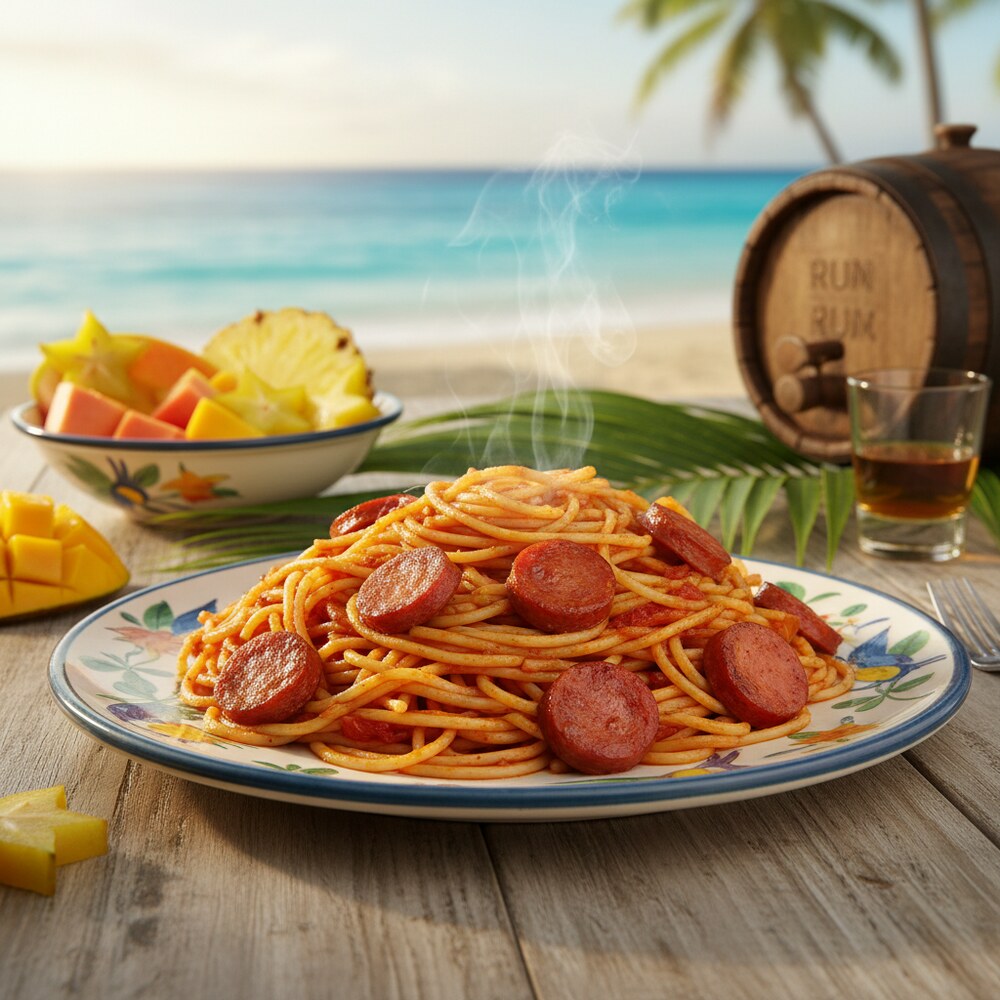 Haitianisches Spaghetti mit Wurst