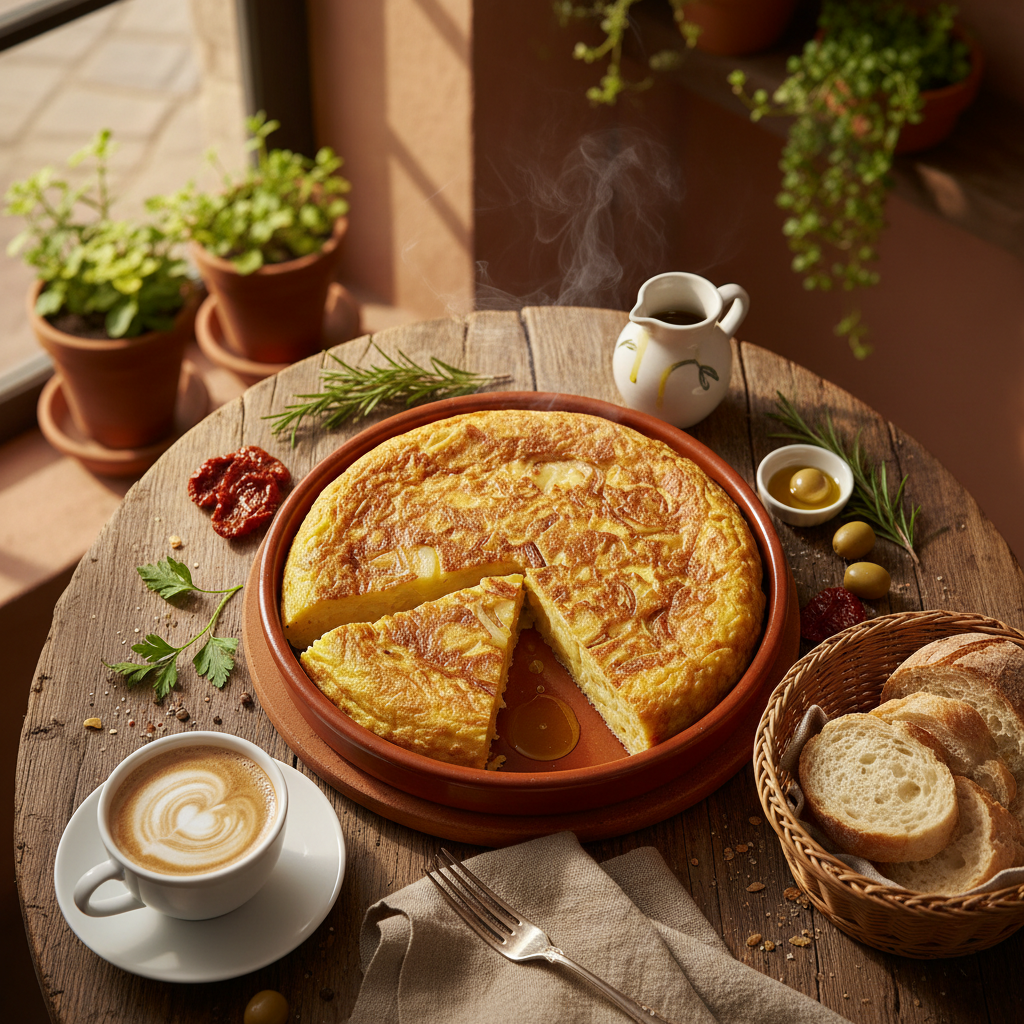 スペイン風ポテトオムレツ、パンとカフェ・コン・レチェ添え