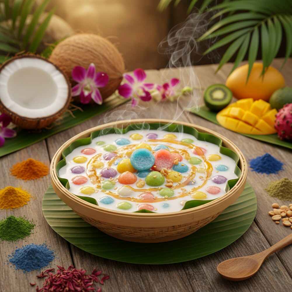Bua Loy - Boules de riz gluant arc-en-ciel au lait de coco