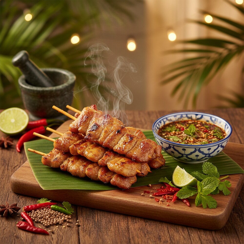 Brochettes de porc grillées avec sauce trempette épicée