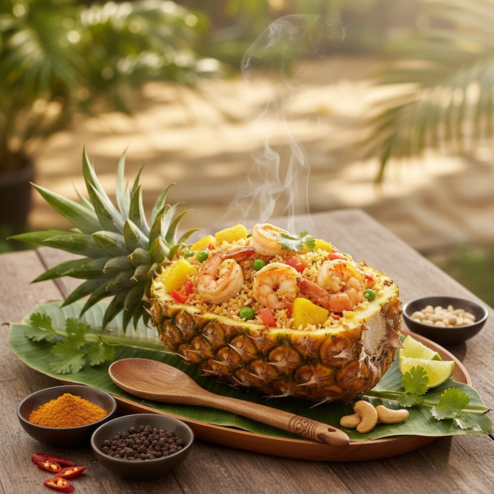 Khao Pad Sapparot Goong (Riz frit aux crevettes et à l'ananas)