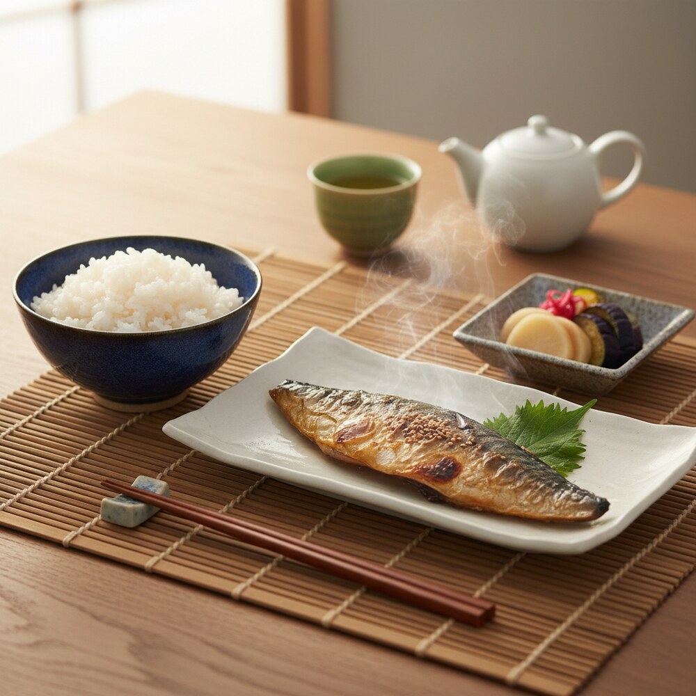 Maquereau grillé avec riz et tsukemono