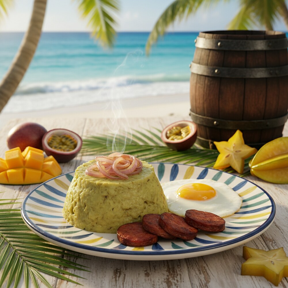 Dominikanische Mangú mit gebratenen Zwiebeln und Salami