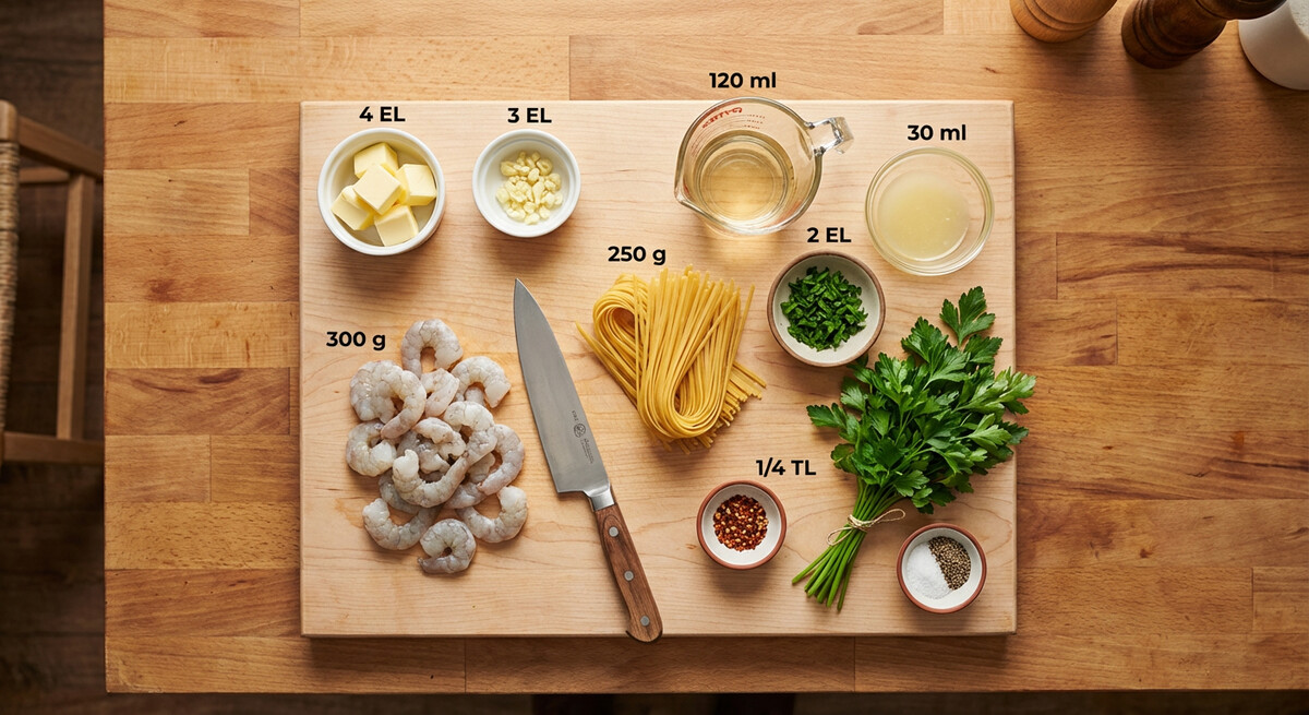 Mise en place: Crevettes Scampi avec Linguine
