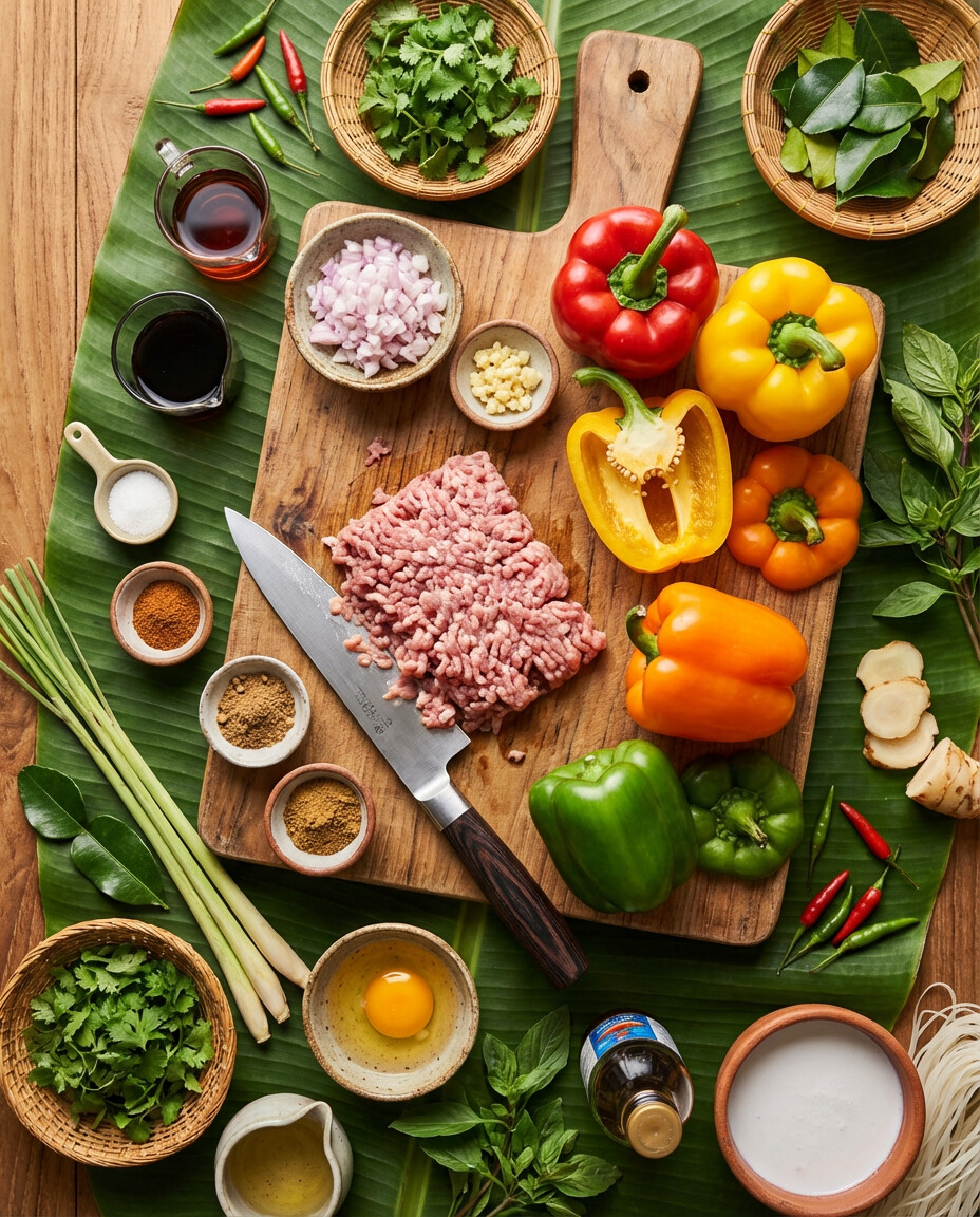 Mise en place: Poivrons farcis à la viande hachée et aux herbes