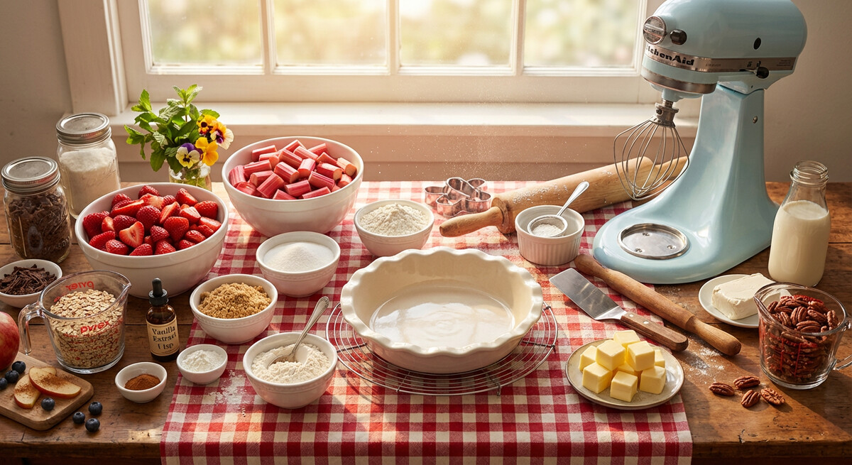 Mise en place: Crumble aux Fraises et à la Rhubarbe