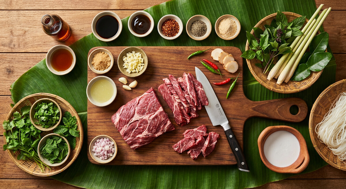 Mise en place: Steaks de cou de bœuf grillés avec sauce trempette épicée