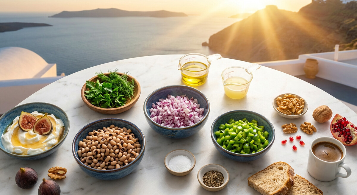 Mise en place: Mavrommatika (Ensalada de caupí)