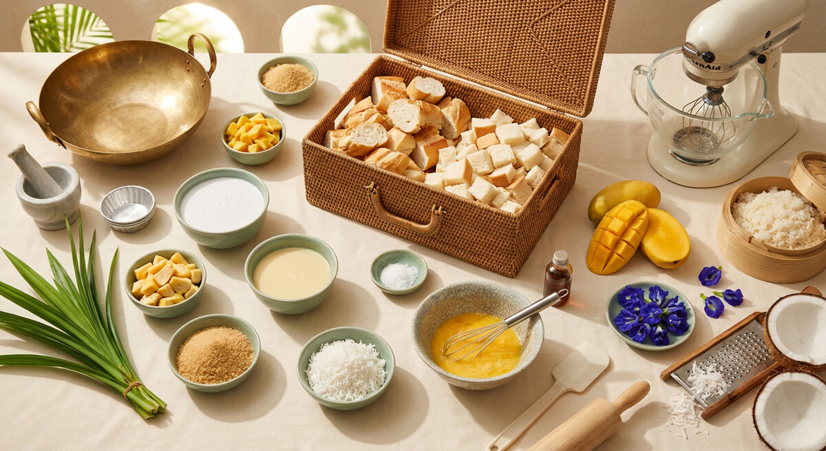 Mise en place: Pouding au pain et à la noix de coco à la thaïlandaise