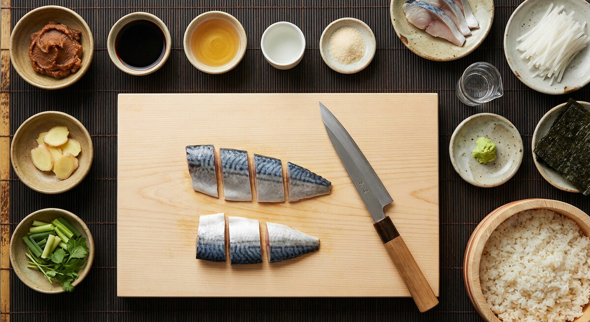Mise en place: Saba no Misoni (Maquereau braisé à la sauce Miso)