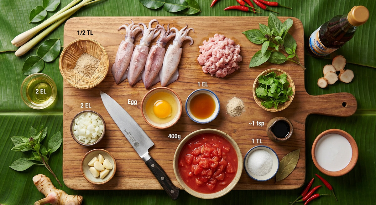 Mise en place: Calamars farcis aux œufs et aux tomates