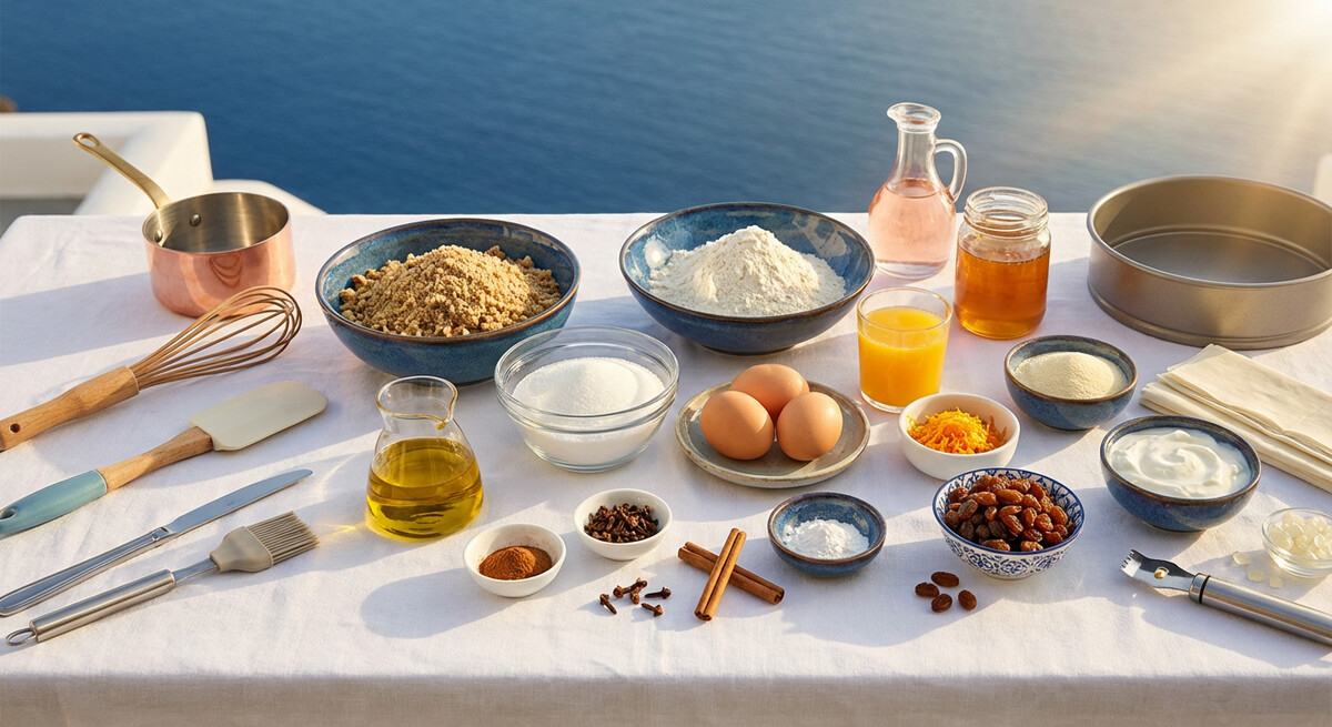 Mise en place: Karydopita me Portokali (Pastel griego de nueces con naranja)