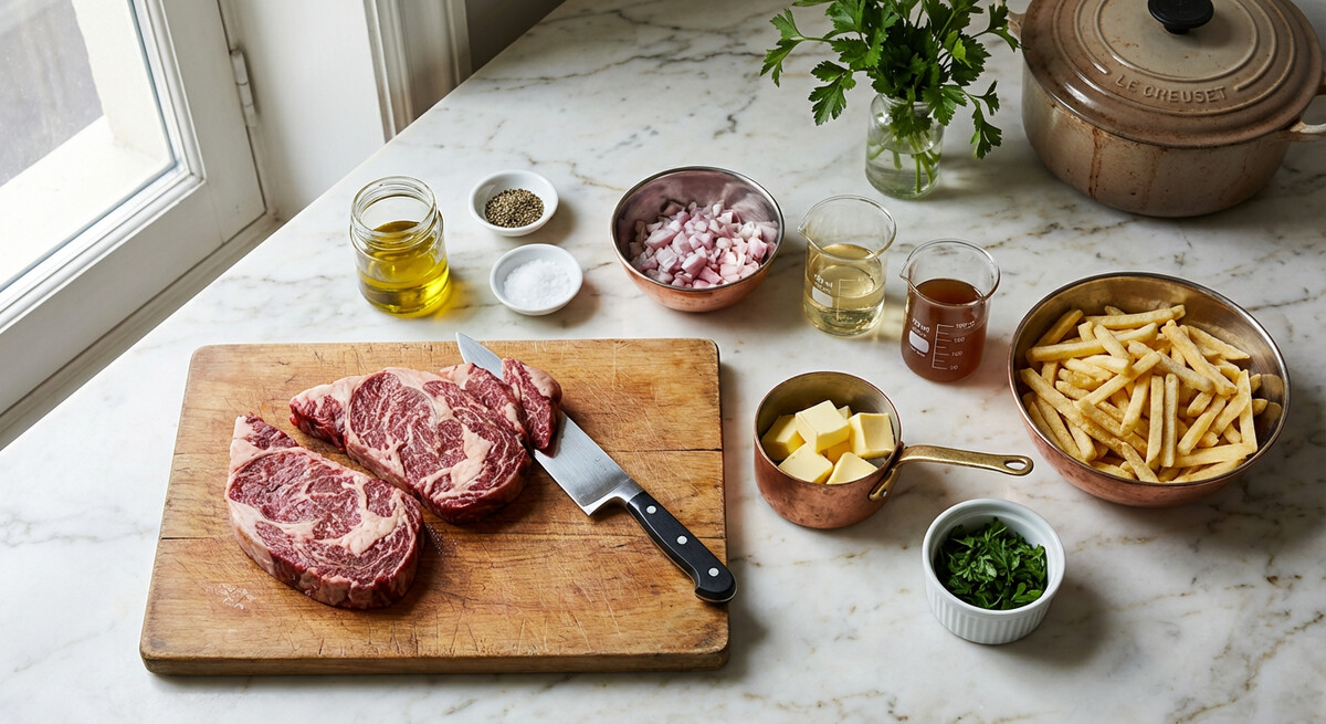 Mise en place: Entrecôte Bercy con Papas Fritas