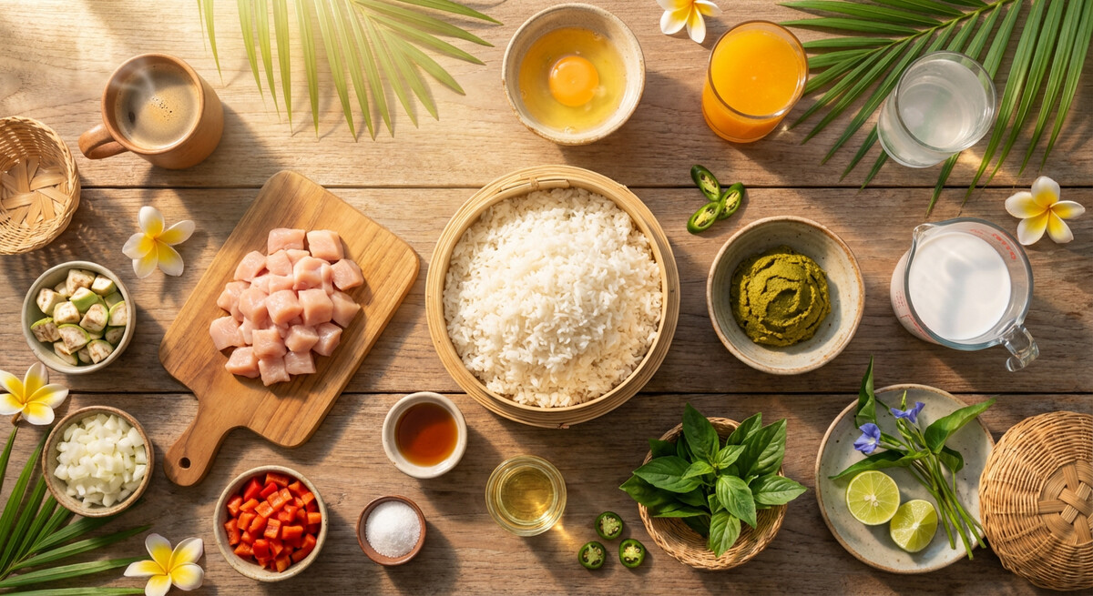Mise en place: Khao Pad Gaeng Keow Wan Gai (Riz frit au poulet au curry vert)