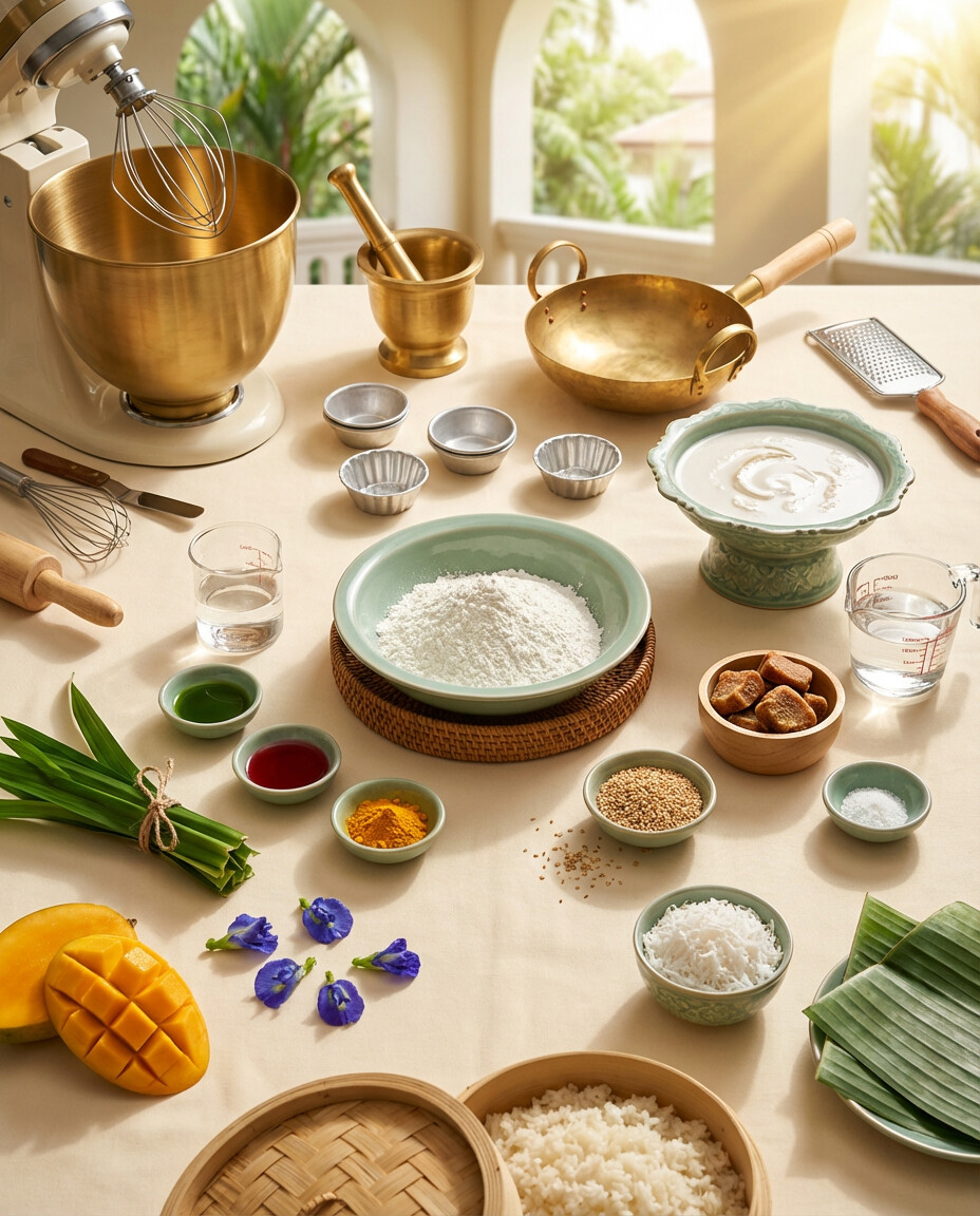 Mise en place: Bua Loy - Boules de riz gluant arc-en-ciel au lait de coco