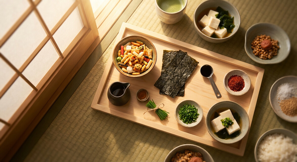 Mise en place: Arare (Crackers de riz) et rouleaux de Nori
