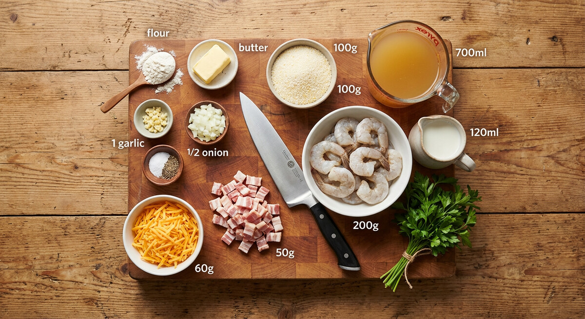 Mise en place: Crevettes et Gruau