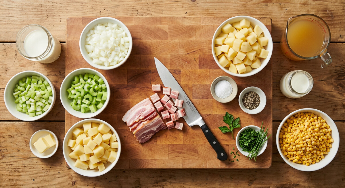 Mise en place: Chaudrée de maïs au bacon