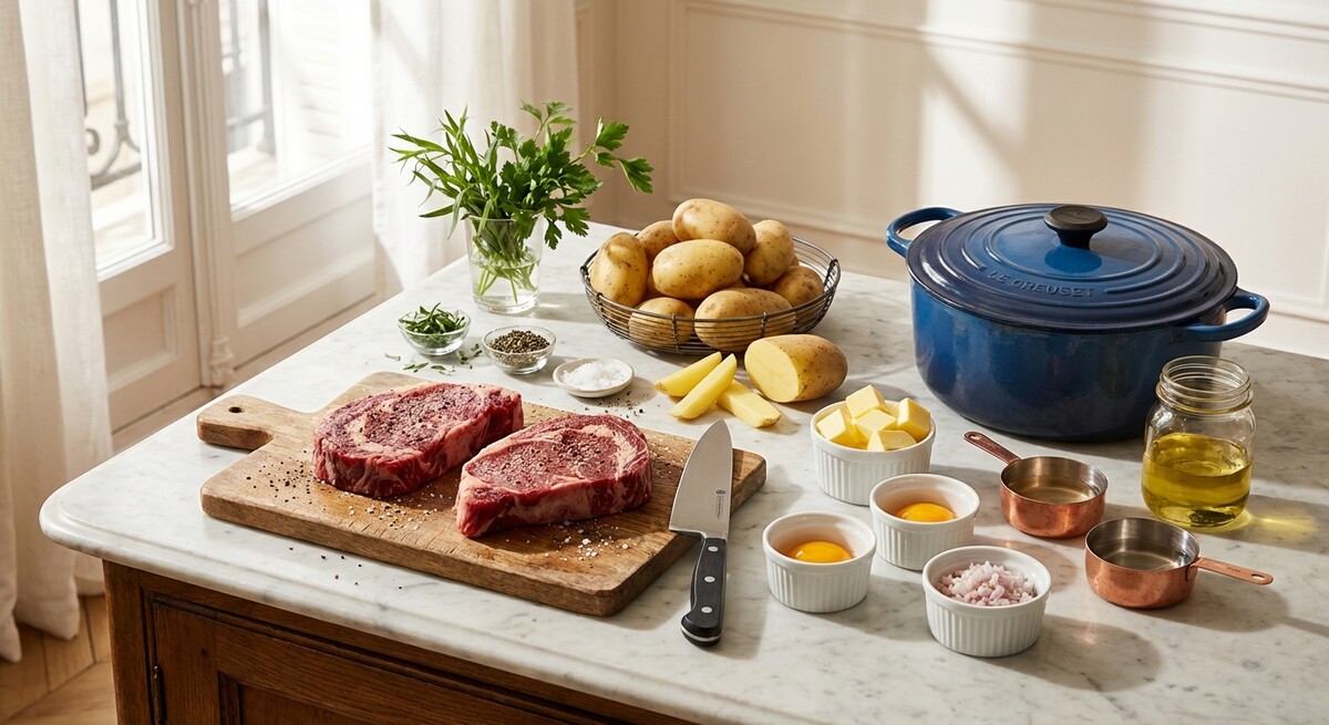 Mise en place: Filete con patatas fritas y Salsa Bearnesa / Steak Frites con Salsa Bearnesa