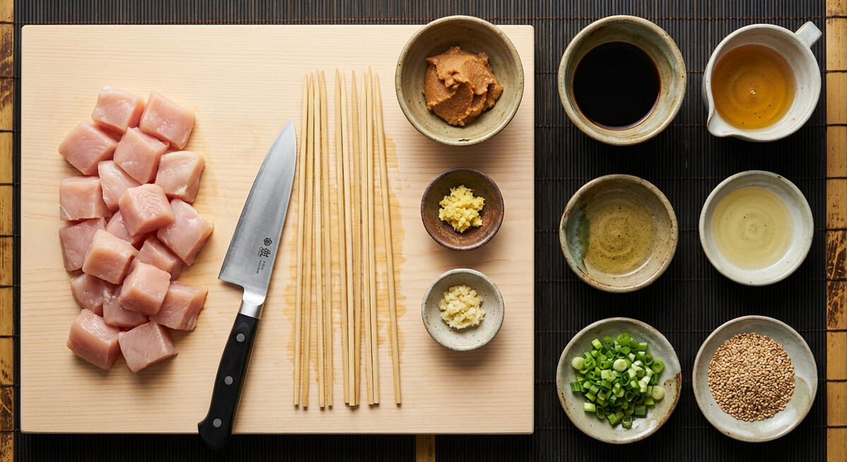 Mise en place: Brochettes de poulet grillées à la glaze de miso