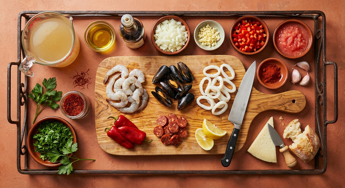 Mise en place: Paella de Mariscos