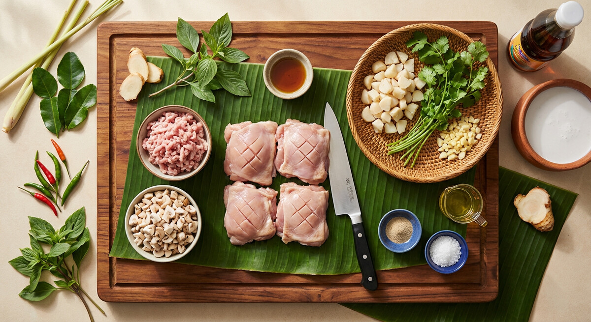Mise en place: Cuisses de poulet farcies aux noix