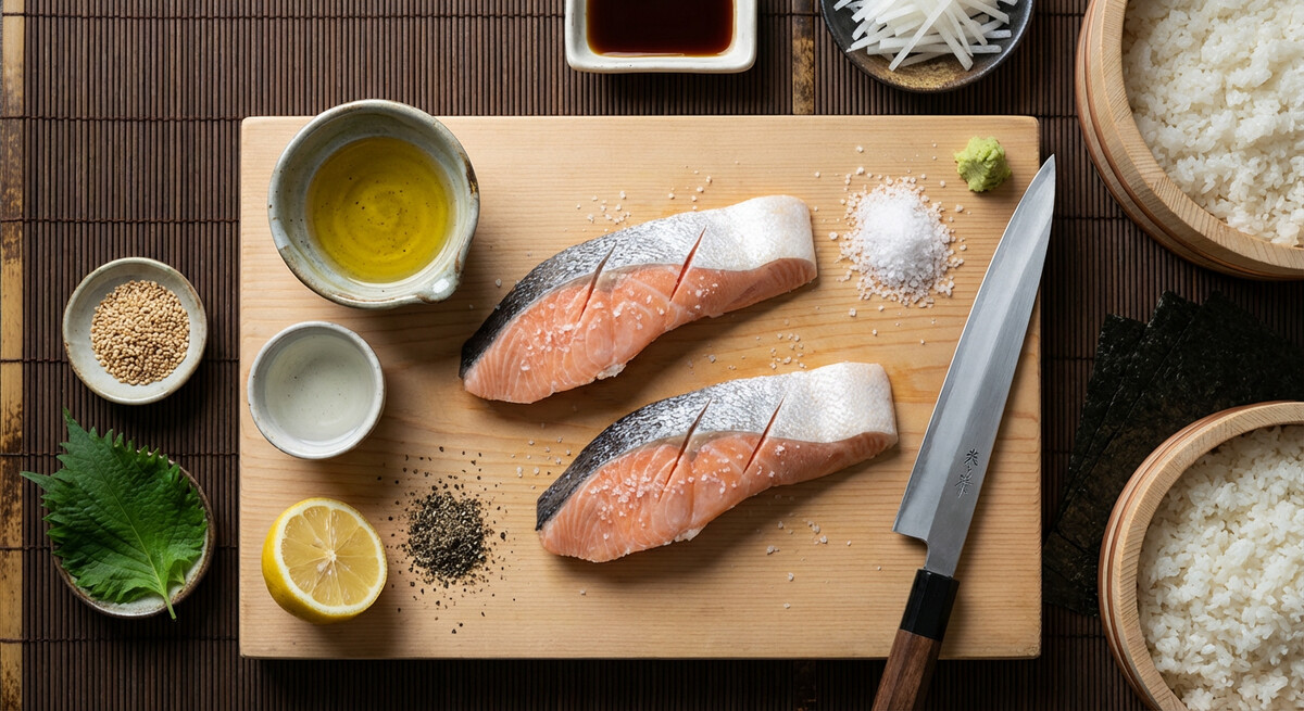 Mise en place: Saumon grillé au sel (Shioyaki)