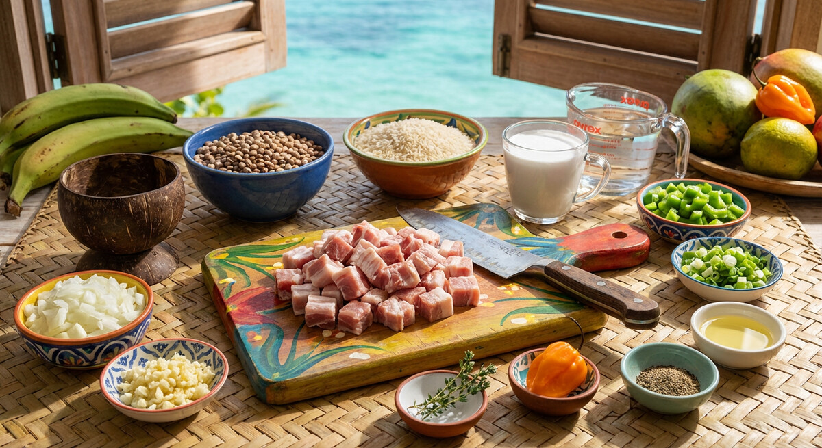 Mise en Place: Karibischer Erbsen- und Reis-Topf mit gesalzenem Schweinefleisch