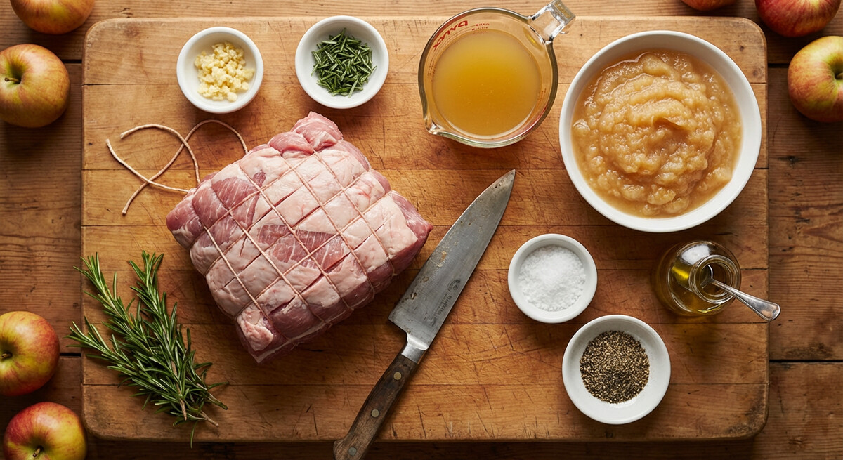 Mise en place: Rôti de porc à la compote de pommes