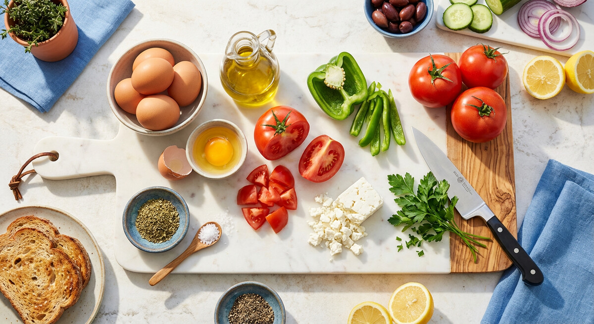 Mise en place: Kagianas (Huevos revueltos con tomates y queso feta)