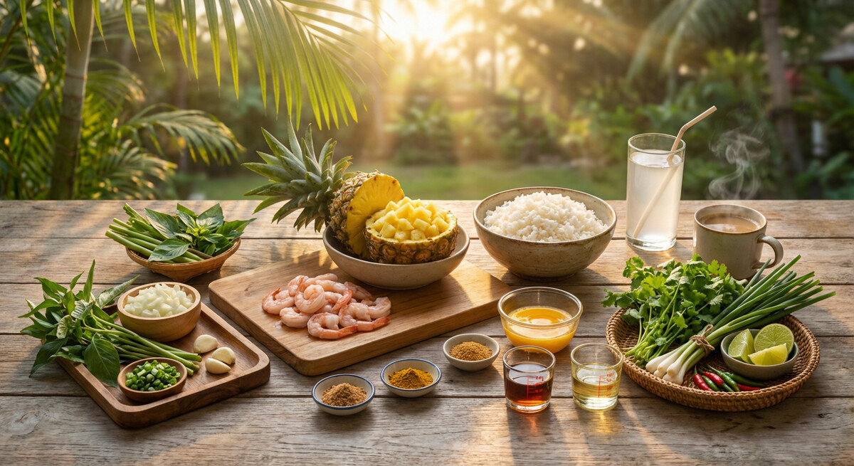 Mise en place: Khao Pad Sapparot Goong (Riz frit aux crevettes et à l'ananas)