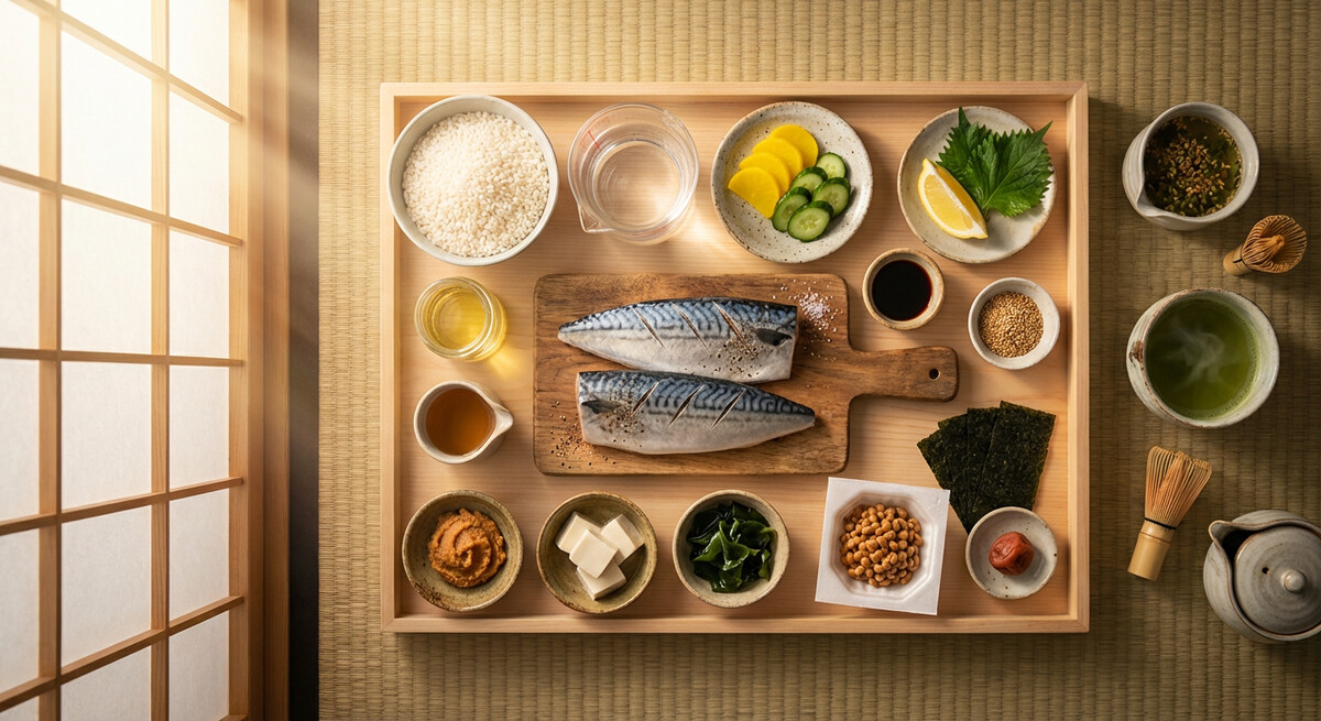 下ごしらえ: サバのグリルとご飯と漬物